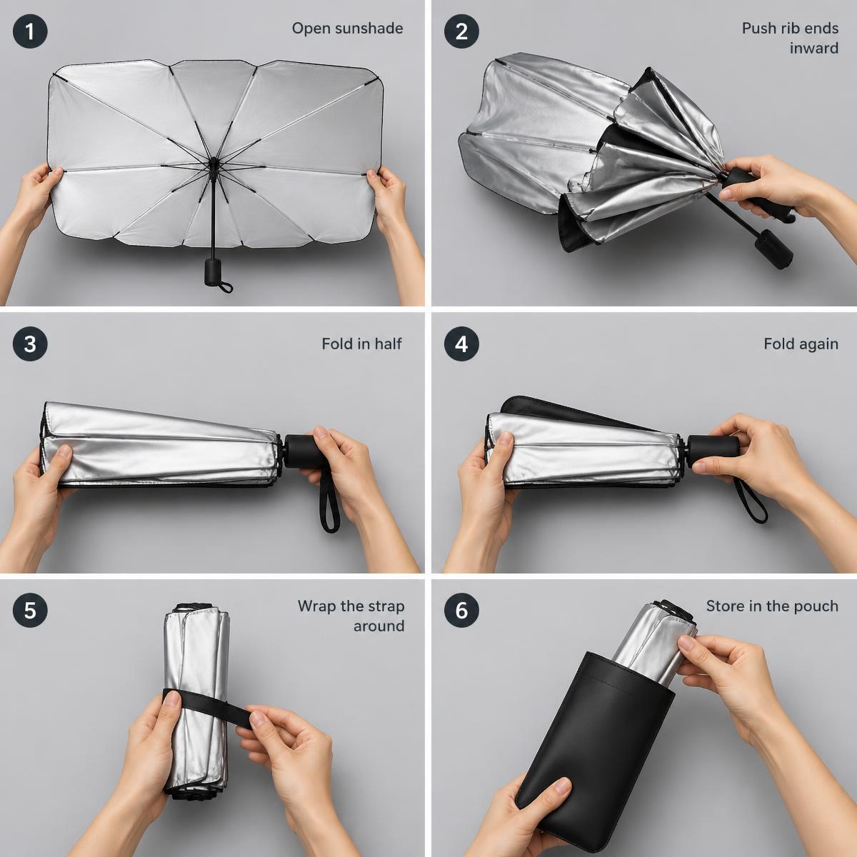 Step-by-step demonstration of folding the car windshield sunshade